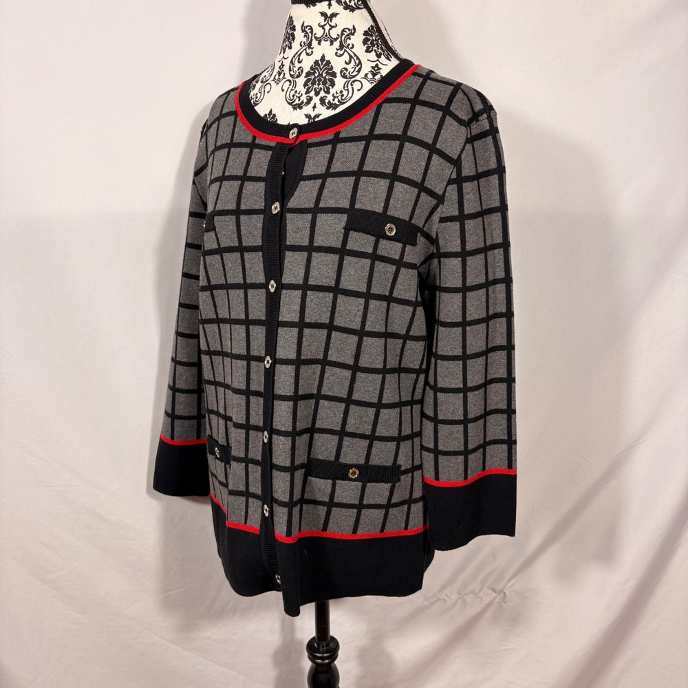 Karl Lagerfeld Paris Grey Black Windowpane Grid Cardigan Sweater * No Size Tag *